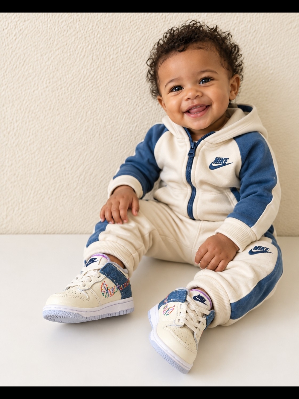 Nike Kids Cream Sneakers with Denim Strap & Multicolor Heart